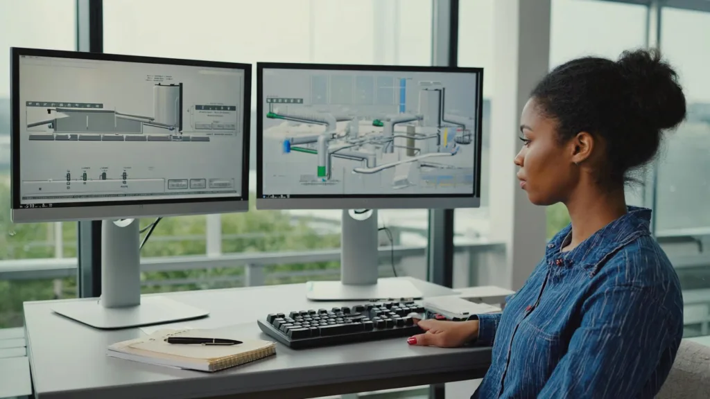 Controls engineer reviewing a water treatment SCADA overview at her workstation